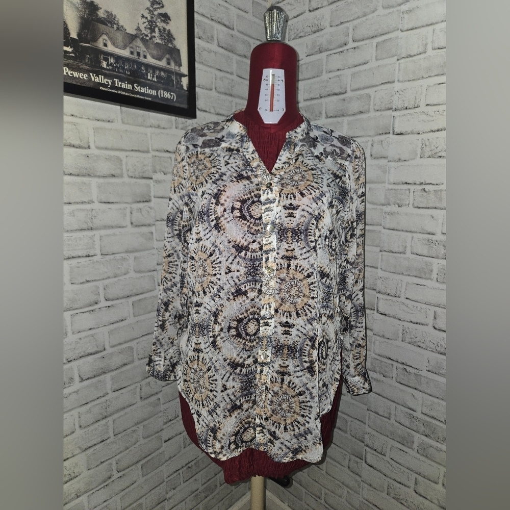 Hope Springs Sheer Geometric Patterned Long Sleeve Or 3/4 Sleeve SZ S W/Camisole